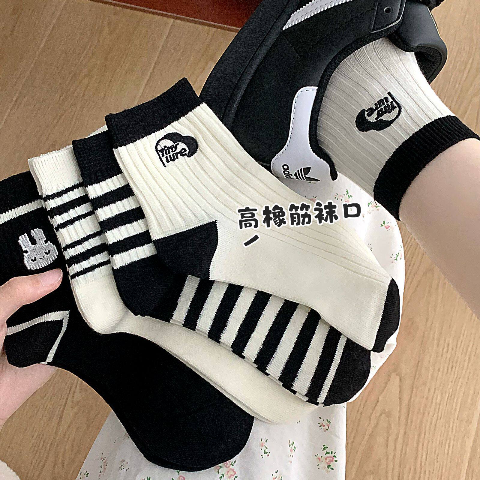 袜子女款秋冬条纹刺绣中筒袜白搭