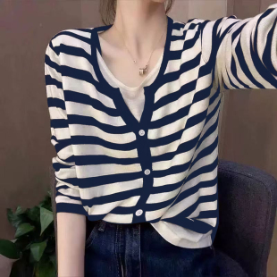 薄款扬子纱超细羊毛假两件针织衫女黑白条纹夏季显瘦开衫小众上衣