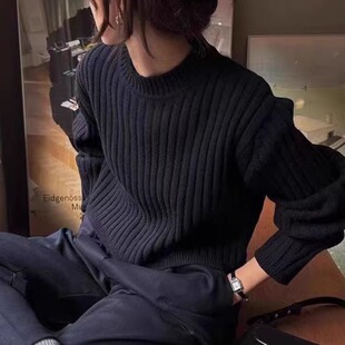 复古黑色坑条针织毛衣女款2025秋冬加厚羊毛打底衫圆领套头针织衫