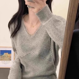巨美~显瘦V领扬子纱薄款羊毛针织衫女百搭打底衫气质宽松内搭上衣