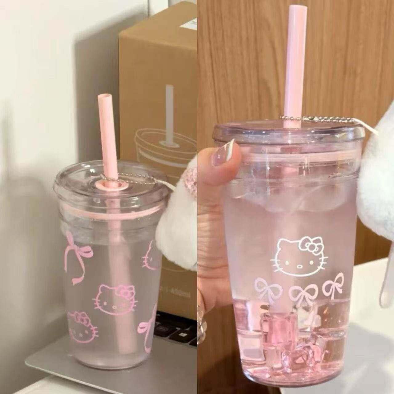小红书同款粉色凯蒂猫吸管杯卡通可爱少女心大容量透明塑料水杯子