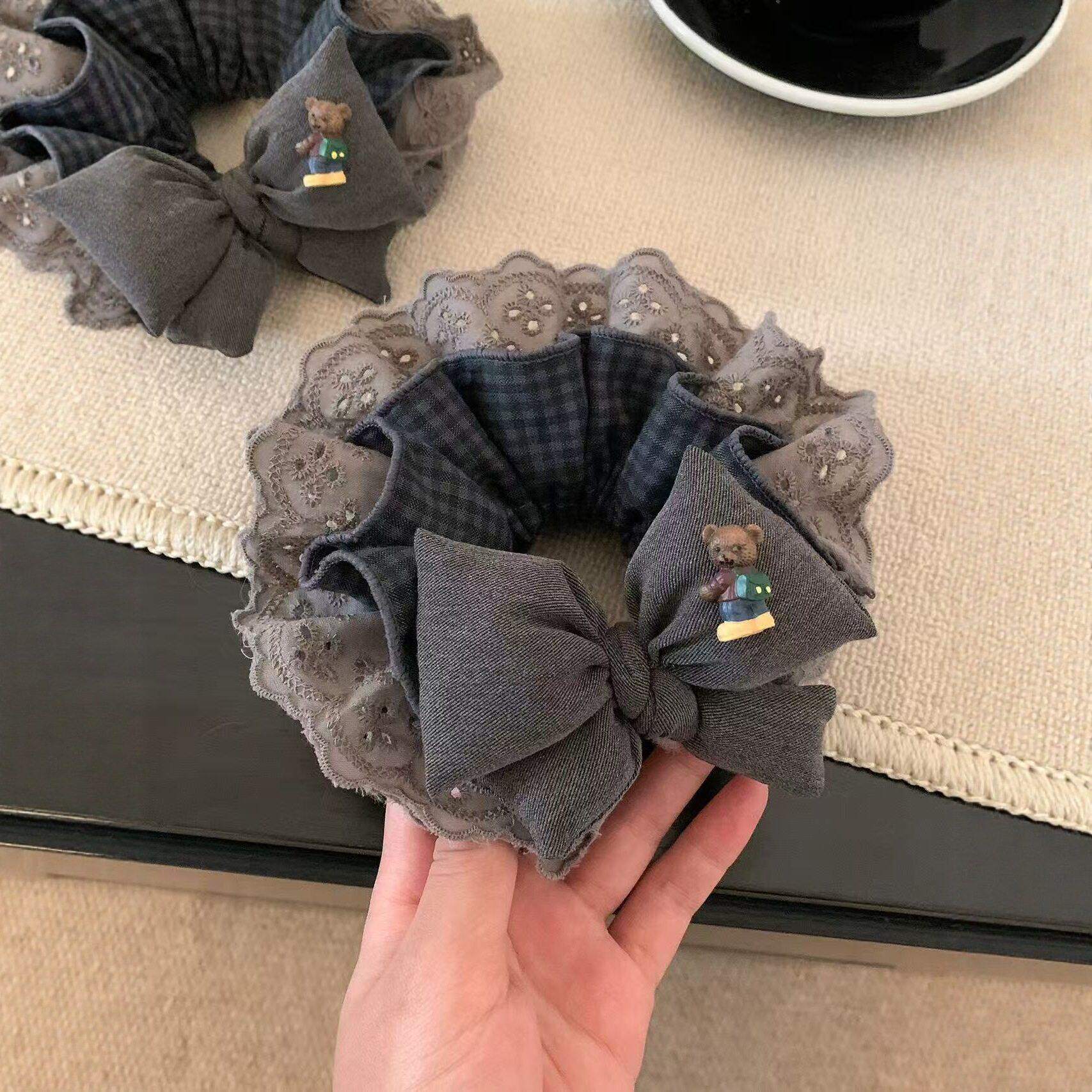 韩系格纹蕾丝双层蝴蝶结小熊大肠发圈女扎头发丸子头发绳头绳皮筋
