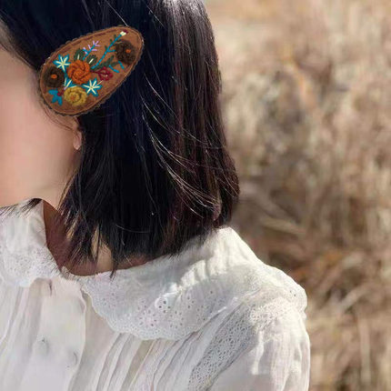 日韩森系复古手工绣花杏色精美甜美可爱百搭发饰花朵夹子边夹配饰