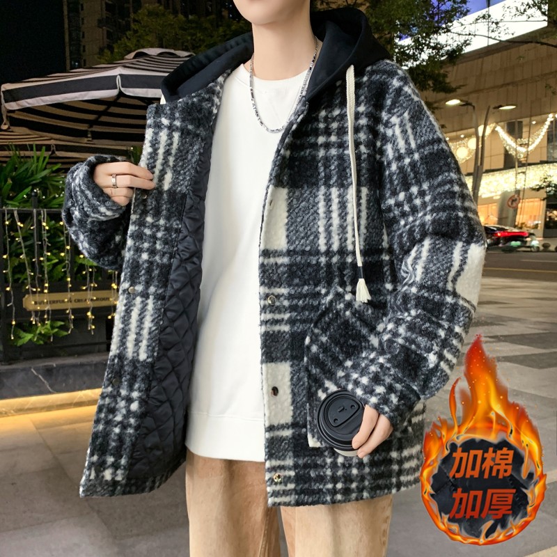 宽松格子外套男士秋冬季新款加绒加厚防寒夹克男生青少年保暖棉衣