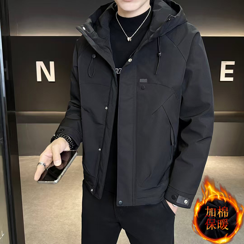2025秋冬新款二棉外套男宽松潮牌连帽夹克加棉加厚保暖棉服冲锋衣