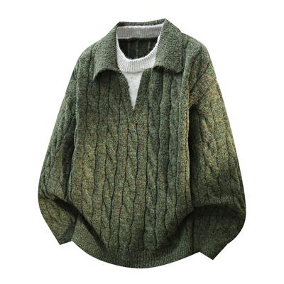 法式覆古麻花针织衫男士秋冬季新款宽松慵懒风翻领假两件毛衣男款