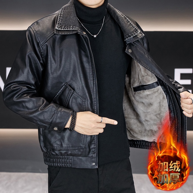 加绒加厚皮衣男冬季潮牌痞帅假两件牛仔翻领PU皮夹克保暖机车外套