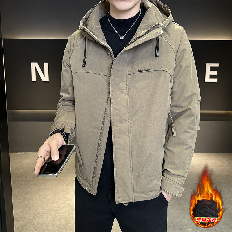 2025秋冬季新款二棉外套男士连帽冲锋衣款微宽松加棉加厚夹克棉衣