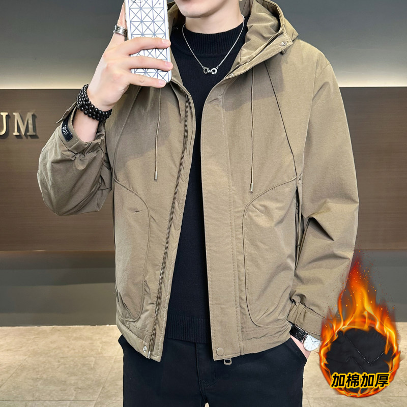 加棉加厚工装外套男2025秋冬新款宽松潮牌二棉夹克连帽棉服冲锋衣