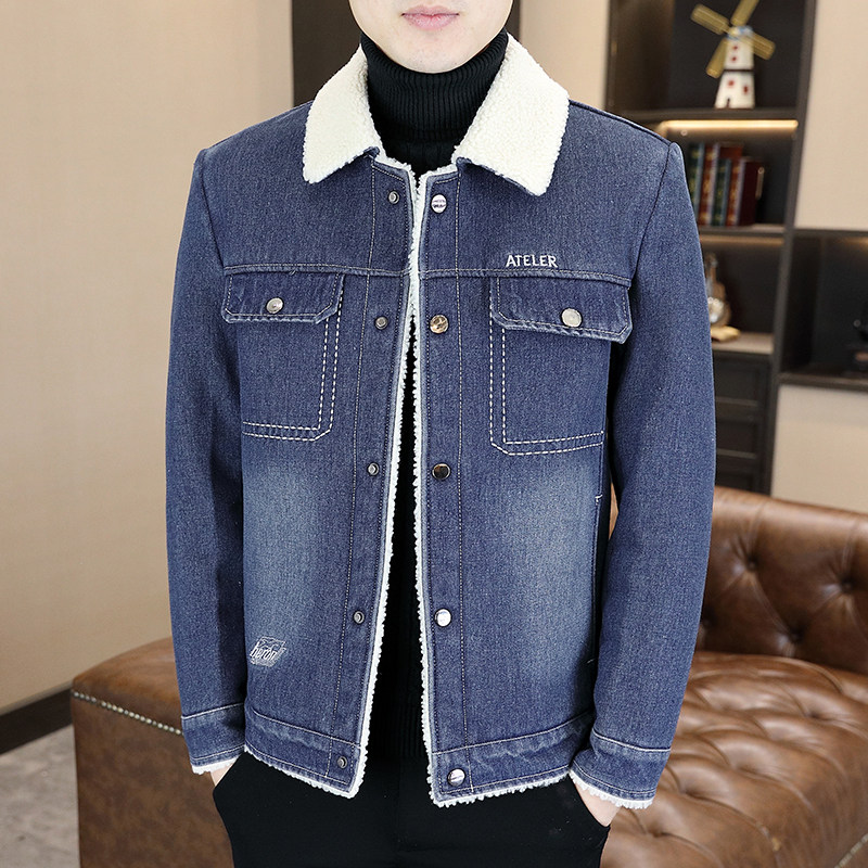 潮牌冬季牛仔羊羔绒外套男加绒加厚翻领高端毛领棉衣修身男士夹克