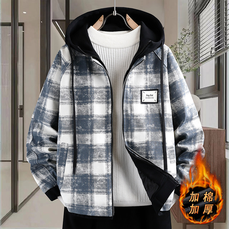青少年连帽牛仔外套男复古刺绣格子加绒加厚夹克新款冬季保暖棉服