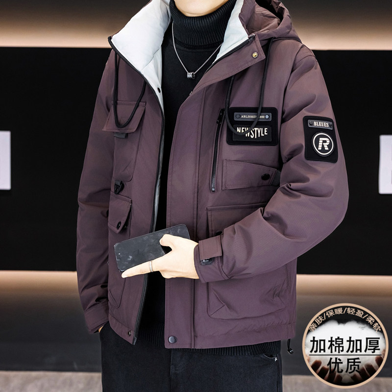 2025秋冬新款二棉外套男潮牌帅气连帽工装夹克棉服保暖加厚冲锋衣