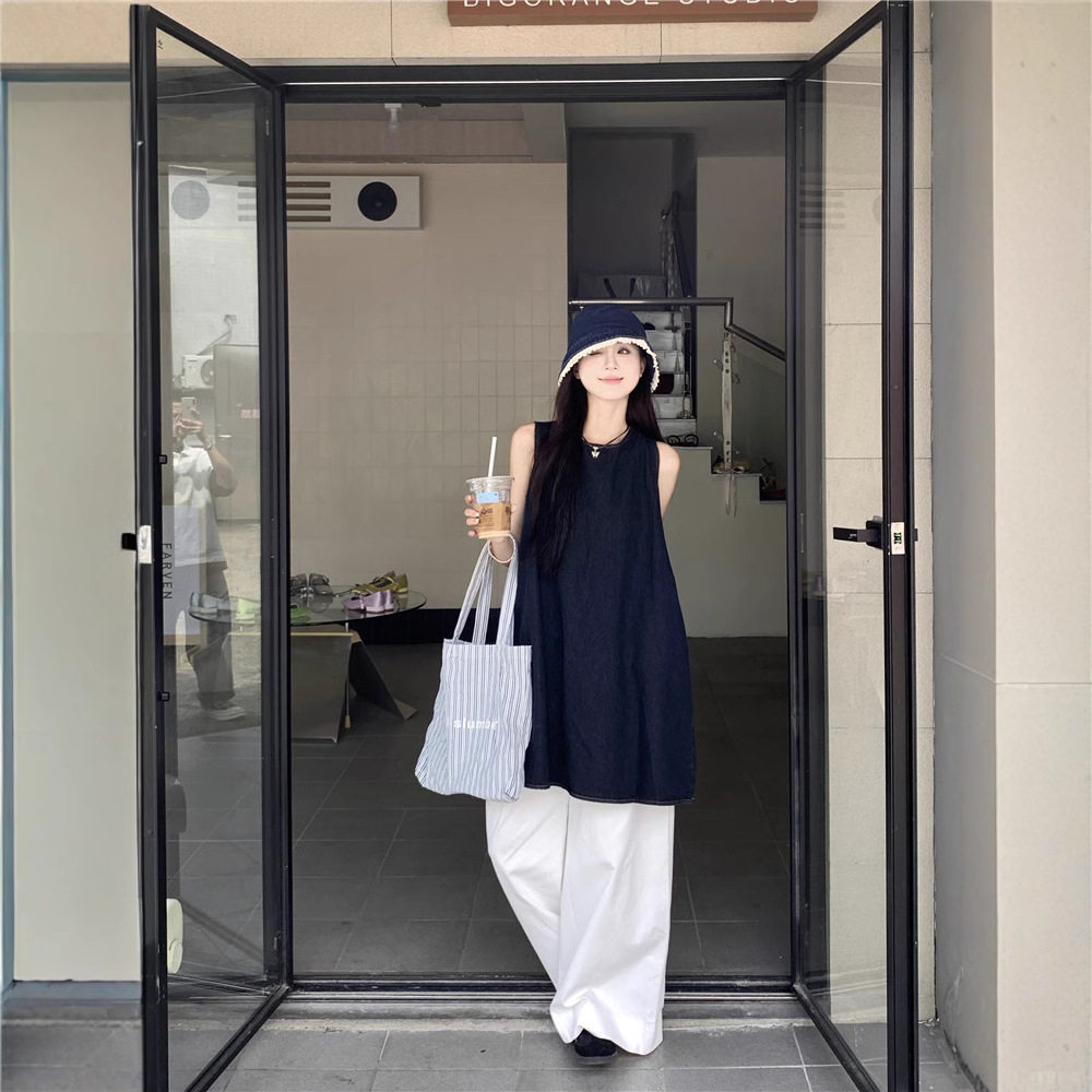 实拍~韩系气质背后小镂空无袖慵懒牛仔连衣裙休闲显瘦阔腿裤80625