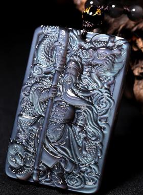 礼物鬼蓝眼冰彩黑曜石关公吊坠 男士项链武财神关二爷关羽礼物