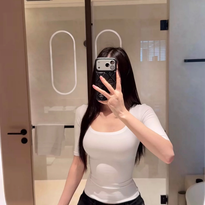 【美丽奴羊毛天丝】五分袖上衣女秋季U领修身正肩半袖T恤打底衫图片