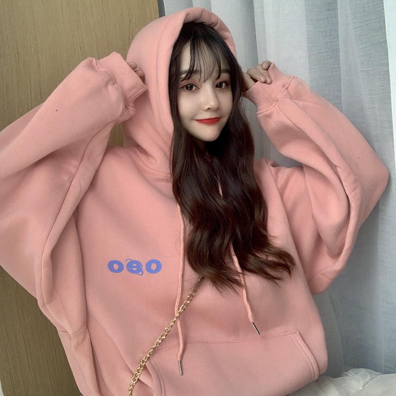 Real shot of 250g winter hooded and cashmere sweater women's thickened loose letter printed Pullover coat