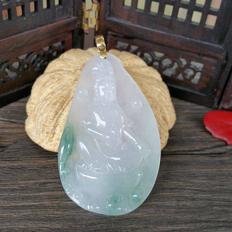 特惠 天然翡翠A货老坑冰种飘绿端庄坐莲观音玉牌吊坠镶18K黄金扣