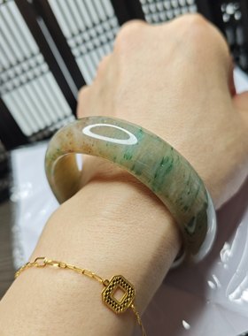 老坑料南阳独玉红糖飘绿宽版玉石玉器手镯女老人证书礼物内径59mm