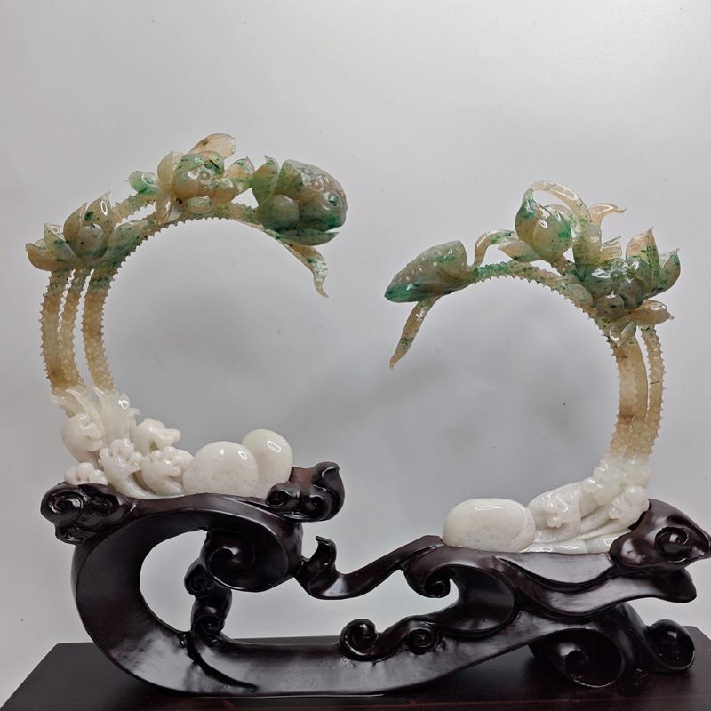 精品南阳独山玉多色荷韵和和美美精品艺术摆件花鸟组合