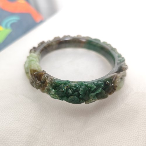 特色天然南阳独玉老坑三彩多色玉石玉器富贵雕花女手镯内径55.5mm