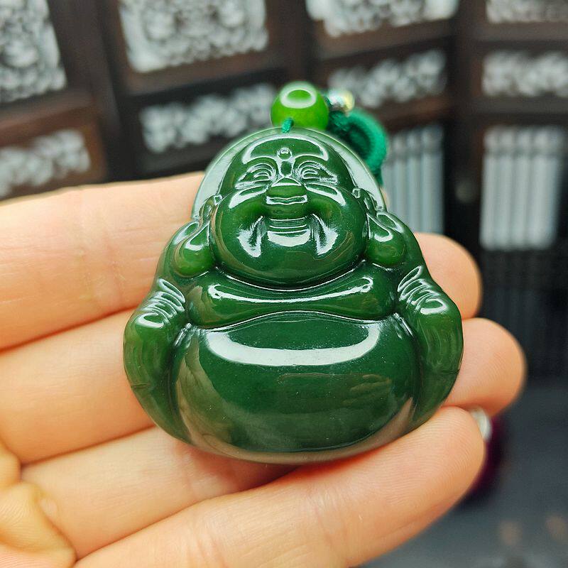 特惠天然新疆和田老坑菠菜绿碧玉大肚笑佛玉石吊坠挂件礼物