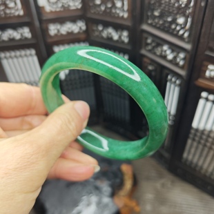 珍藏天然南阳独山玉翠绿满绿天蓝扁条61玉石大圈手镯女礼物证书