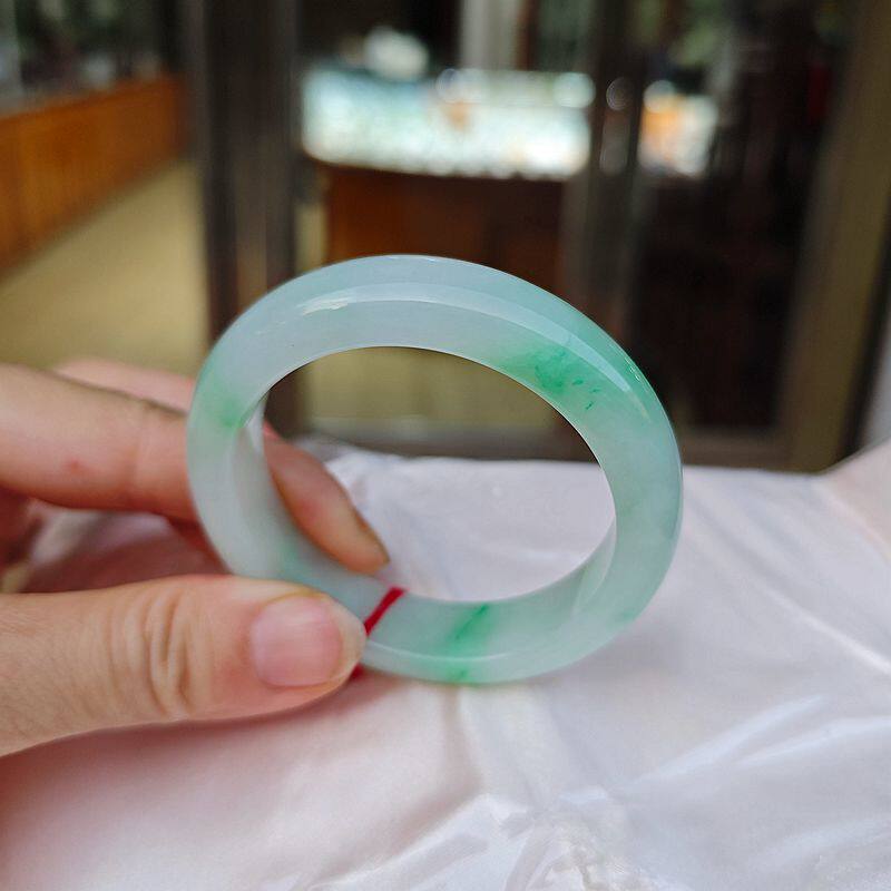 珍藏天然翡翠A货冰润细腻翠绿小圈玉石女手镯内径53mm礼物证书