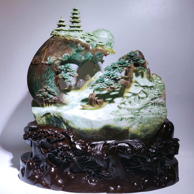 玉石玉雕 天涯共此时 一帆风顺 独山玉意境山子中式摆件玉器工艺