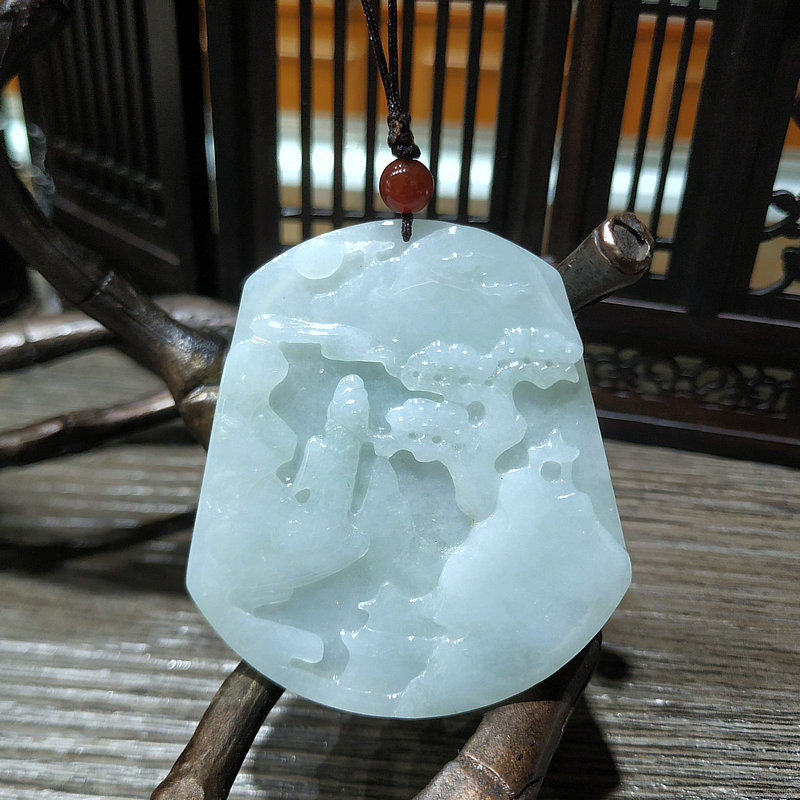 山水玉牌翡翠A货意境山子吊坠