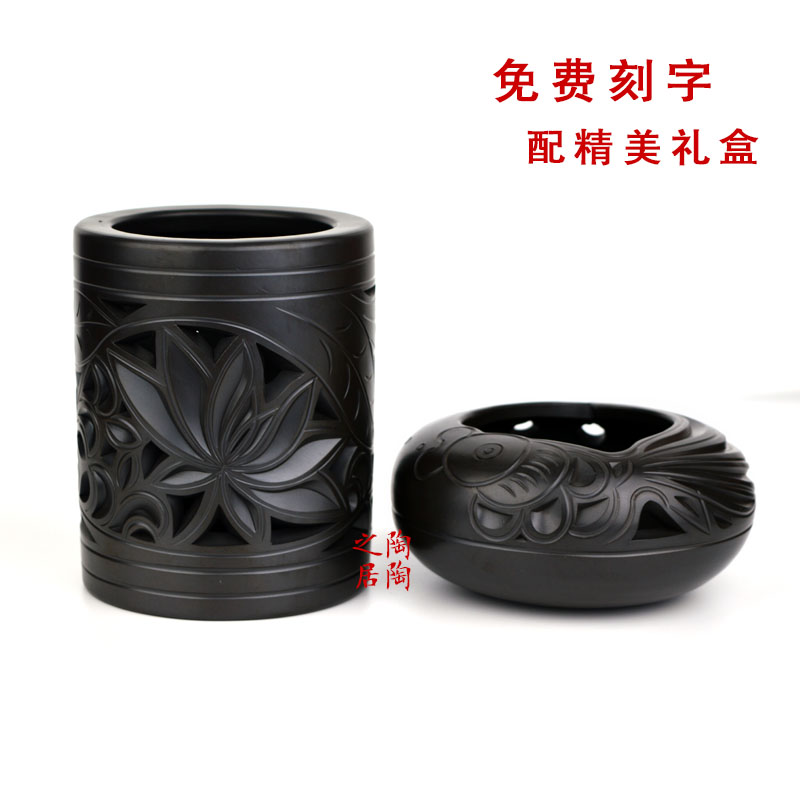 纯手工黑陶镂空笔筒商务礼品