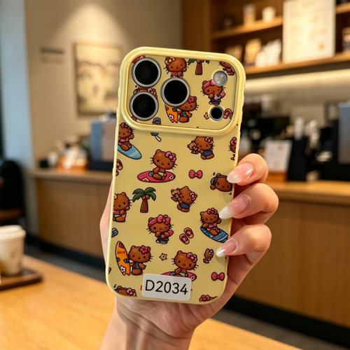 D2034 黄色黑皮kitty 精孔亮面爱心边软硅胶17promax苹果17pro新款iphone16pro保护套15创意防摔全包手机壳