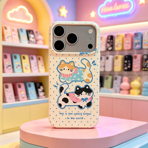 D1094 白色小猫咪皮纹大孔软壳 17promax苹果17pro新款iphone16pro保护套15创意防摔全包手机壳