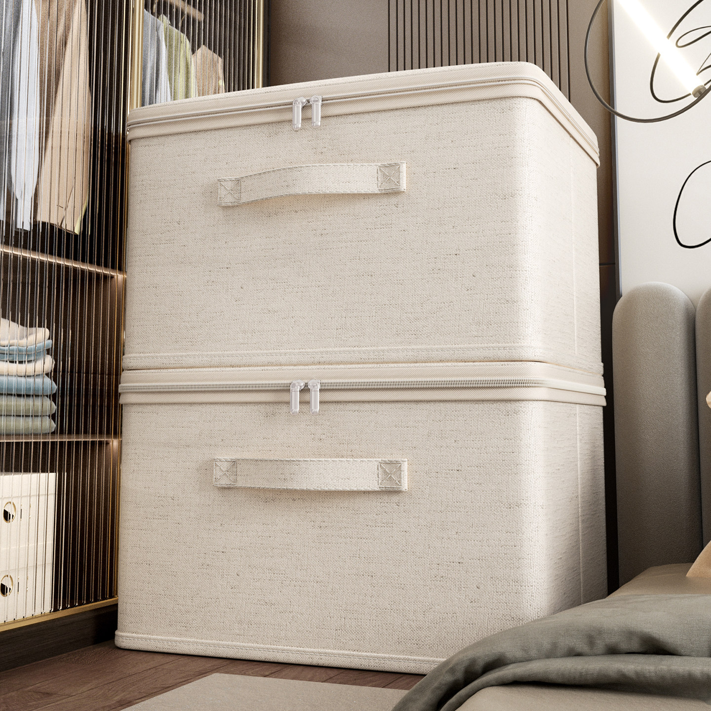 天山棉麻布艺收纳箱家用大容量衣物衣服专用整理筐带盖衣柜储物盒