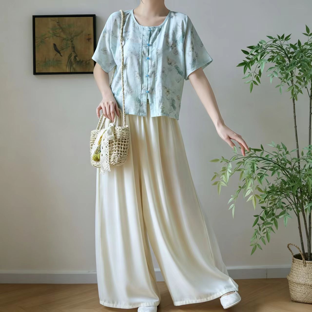 云飘飘原创汉服新中式唐褙子印花圆领对襟衫改良宋裤口袋日常百搭