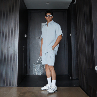 JZD夏季宽松休闲衬衫时尚套装男