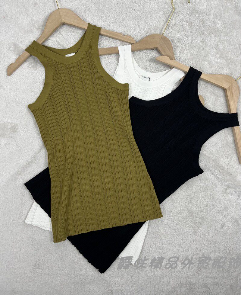 女士外贸tt橄榄绿色黑色白色高圆领无缝螺纹外穿打底显瘦百搭背心