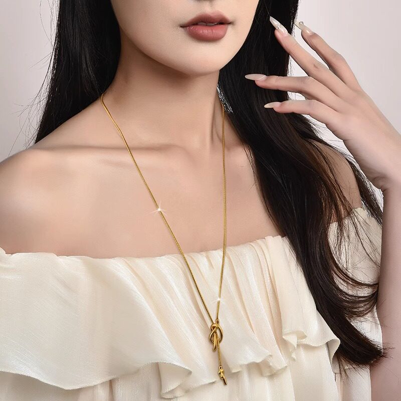 宫廷风韩版小众设计感打结流苏项链毛衣链长款高奢钛钢女秋冬新款