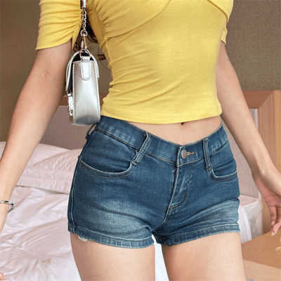 掐腰丰跨低腰牛仔超短裤女包臀