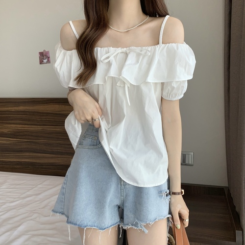 Real shot and real price sweet girl's one-shoulder ruffled short-sleeved shirt top