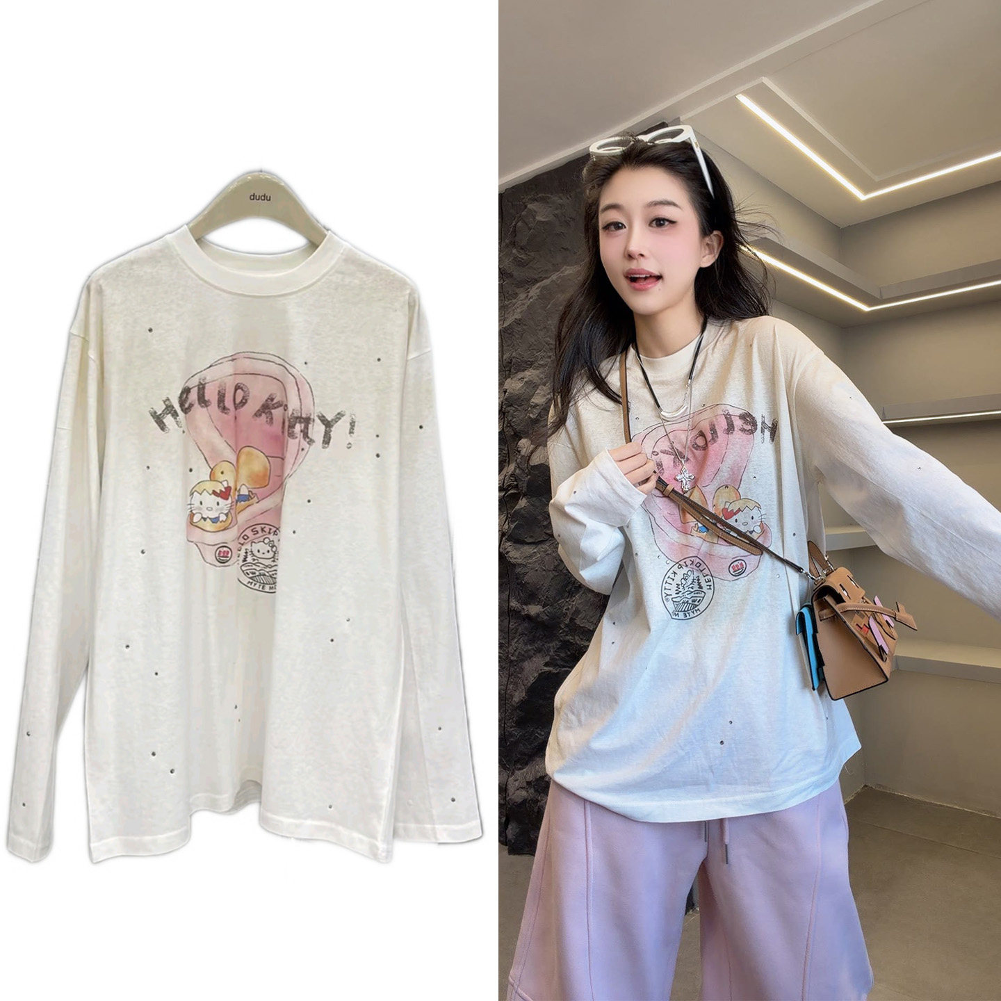 欧货2026春季新款烫钻卡通印花长袖T恤女休闲宽松显瘦百搭上衣潮,女装/女士精品,T恤,淘宝优惠券,粉丝福利购,淘宝优惠卷