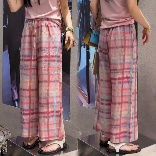 粉彩虹格亚麻九分阔腿裤女