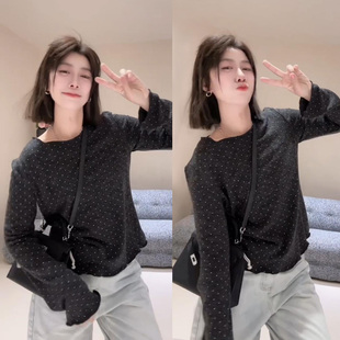 百搭显瘦打底衫 时尚 上衣潮 T恤女2025秋冬新款 欧货木耳边波点长袖