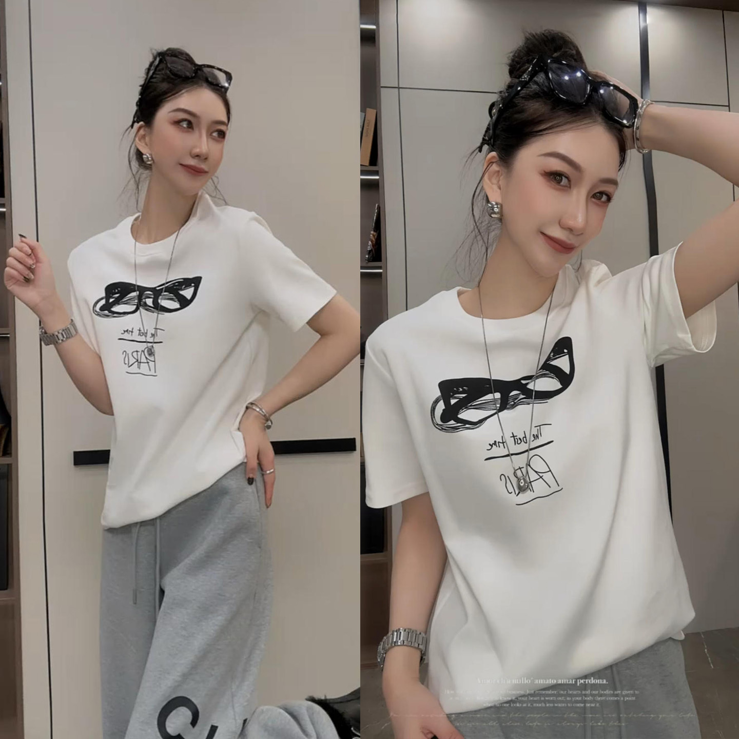 欧货秋冬新款眼镜印花短袖T恤女圆领时尚减龄显瘦半袖打底衫上衣