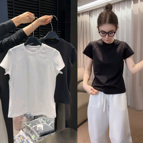 欧货纯色正肩短袖T恤女2026夏季新款圆领设计感显瘦百搭打底上衣 - 封面