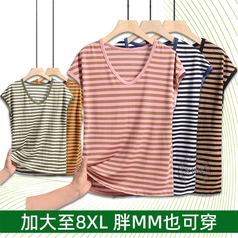 大码胖MM条纹T恤女夏薄简约圆领