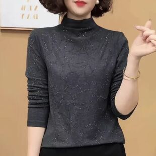 半高领烫胖妹妹打底衫女新款秋冬季长袖减龄中老年妈妈上衣多巴胺