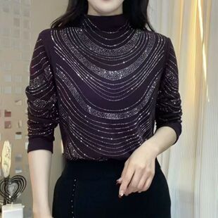 重工烫钻半高领打底衫女新款春秋冬天大码长袖显瘦减龄妈妈装上衣