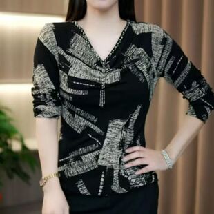 长袖 女烫珠时尚 洋气百搭显瘦宽松T恤上衣 V领高级打底小衫 春秋新款