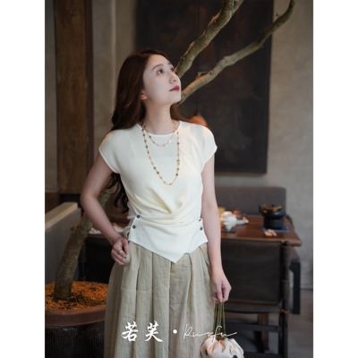 若芙｜【素白】羊毛混纺交叠下摆设计感显瘦圆领小包袖针织T恤