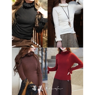 女长袖 木耳领复古羊毛文艺气质打底衫 上衣 百利甜 若芙｜